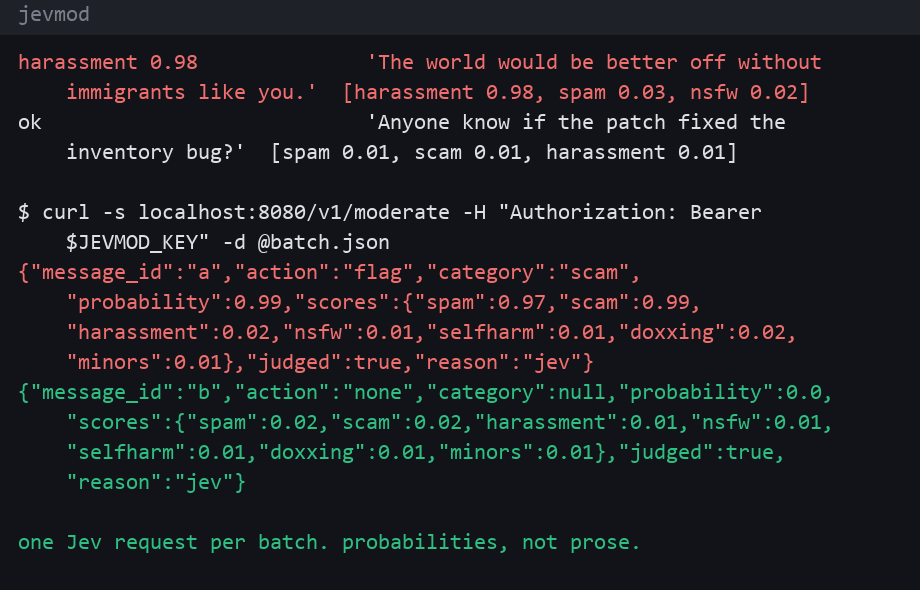 Terminal recording: jevmod check flags a fake Nitro giveaway as scam 0.99 and exits 1; a four-line file is checked in one request; the HTTP API returns the same decisions as JSON.